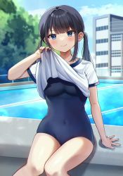 Rule 34 | &gt;:), 1girl, black hair, blue eyes, blue one-piece swimsuit, blue sky, blush, breasts, building, closed mouth, clothes lift, cloud, commentary request, covered navel, day, feet out of frame, gym shirt, hair intakes, highres, knees together feet apart, lifting own clothes, long hair, looking at viewer, medium breasts, minami saki, one-piece swimsuit, original, outdoors, pool, poolside, school swimsuit, shirt, shirt lift, sky, smile, solo, swimsuit, swimsuit under clothes, thighs, twintails, v-shaped eyebrows, water, white shirt, window