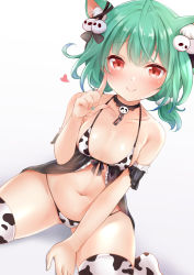 Rule 34 | 1girl, ahoge, animal ear fluff, animal ears, animal print, babydoll, bare shoulders, bell, between legs, bikini, black choker, blush, breasts, cat ears, choker, closed mouth, collar, collarbone, commentary request, cow print, cow print bikini, detached sleeves, frilled babydoll, front-tie top, green hair, groin, hair ornament, hand up, heart, hololive, index finger raised, kemonomimi mode, looking at viewer, low twintails, navel, nikoo, print bikini, red eyes, short twintails, simple background, sitting, skull hair ornament, small breasts, smile, solo, stomach, swimsuit, thighhighs, twintails, uruha rushia, virtual youtuber, wariza