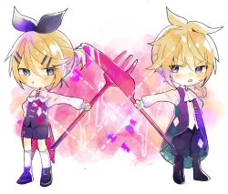 Rule 34 | 1boy, 1girl, :t, absurdres, annoyed, black bow, black footwear, black pants, black shorts, blonde hair, blue eyes, blue gemstone, blush, bow, bowtie, chibi, collared shirt, dress shirt, eye contact, fork, full body, gem, hair between eyes, hair bow, highres, holding, holding fork, holding knife, kagamine len, kagamine rin, kneehighs, knife, kurebe, long sleeves, looking at another, low ponytail, okochama sensou (vocaloid), open mouth, oversized object, pants, puffy pants, red gemstone, shirt, short ponytail, shorts, siblings, socks, standing, tailcoat, two-sided tailcoat, v-shaped eyebrows, vocaloid, white bow, white bowtie, white shirt, white socks