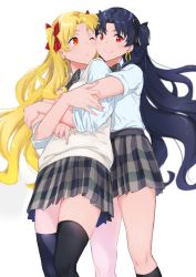 Rule 34 | 2girls, black bow, black hair, black neckwear, black socks, blonde hair, blush, bow, breasts, cheek-to-cheek, closed mouth, collared shirt, contemporary, dress shirt, earrings, ereshkigal (fate), fate/grand order, fate (series), grey skirt, hair bow, heads together, highres, hoop earrings, ishtar (fate), jewelry, kneehighs, long hair, looking at viewer, medium breasts, multiple girls, murio, one eye closed, open mouth, orange eyes, parted bangs, plaid, plaid skirt, pleated skirt, red bow, red eyes, school uniform, shirt, short sleeves, siblings, simple background, sisters, skirt, sleeves rolled up, smile, socks, sweater vest, thighhighs, thighs, two side up, vest, white background, white shirt, white vest