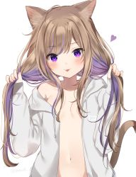 Rule 34 | 1girl, :p, animal ear fluff, animal ears, bare shoulders, breasts, brown hair, bunching hair, cat ears, cat girl, cat tail, closed mouth, coat, collarbone, commentary request, grey jacket, heart, highres, hood, hood down, hooded jacket, jacket, long hair, looking at viewer, mafuyu (chibi21), multicolored hair, naked coat, navel, off shoulder, open clothes, open jacket, original, purple eyes, purple hair, sidelocks, simple background, small breasts, smile, solo, streaked hair, tail, tail raised, tongue, tongue out, twintails, white background