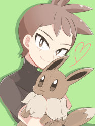Rule 34 | 1boy, bright pupils, brown eyes, brown hair, brown shirt, character doll, closed mouth, commentary request, creatures (company), eevee, game freak, gen 1 pokemon, green background, hachi (hachi sin), heart, looking at viewer, male focus, nintendo, pokemon, pokemon (creature), pokemon lgpe, shirt, simple background, skin tight, smile, split mouth, stitches, trace (pokemon), upper body, white pupils