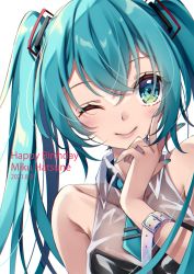 Rule 34 | 1girl, ;), aqua eyes, aqua hair, aqua nails, aqua necktie, bare shoulders, blush, buckle, character name, closed mouth, collarbone, dated, hand up, happy birthday, hatsune miku, highres, inumine aya, lips, long hair, nail polish, necktie, one eye closed, pink lips, simple background, sleeveless, smile, solo, twintails, upper body, v, vocaloid, white background, wing collar