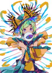 Rule 34 | 1girl, absurdres, blue eyes, bow, covered mouth, cowboy shot, detached sleeves, eyeball, frilled shirt, frilled sleeves, frills, glitch, green hair, green hat, green skirt, hat, hat bow, heart, heart of string, highres, komeiji koishi, long hair, looking at viewer, multicolored eyes, neruzou, pink eyes, purple eyes, rainbow order, shirt, skirt, solo, third eye, touhou, yellow bow, yellow shirt, yellow sleeves