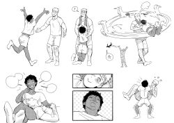Rule 34 | !, 2boys, arm hair, arms up, carrying, closed eyes, commentary, dark-skinned male, dark skin, dungeon meshi, english commentary, greyscale, highres, imminent hug, kabru, laios touden, lap pillow, leg hair, looking at another, loving aura, male focus, monochrome, multiple boys, multiple views, open mouth, pearl seemann, princess carry, running, shirt, short hair, short sleeves, shorts, simple background, sitting, sparse arm hair, sparse leg hair, speech bubble, spinning, standing, t-shirt, throwing person, trembling, very short hair, white background, yaoi