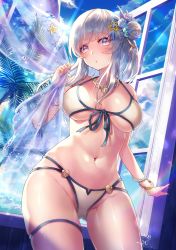 Rule 34 | 1girl, bare shoulders, bikini, blush, bracelet, breasts, day, front-tie bikini top, front-tie top, grey hair, hair ornament, highres, holding, jewelry, large breasts, looking at viewer, medium hair, multi-strapped bikini, natsutomoki, navel, necklace, open mouth, original, purple eyes, see-through, solo, star (symbol), star hair ornament, swimsuit, thigh strap, translucent, white bikini