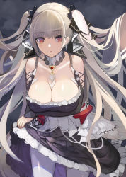 Rule 34 | 1girl, azur lane, bare shoulders, between breasts, black dress, breasts, cleavage, collarbone, dress, earrings, formidable (azur lane), frilled dress, frills, grey hair, hair ribbon, highres, jewelry, large breasts, long hair, looking at viewer, open mouth, pantyhose, pupps, red eyes, revision, ribbon, solo, twintails, two-tone dress, two-tone ribbon, very long hair, white pantyhose