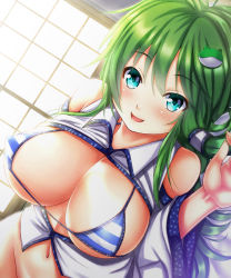 Rule 34 | 1girl, aqua eyes, bikini, bikini top only, blush, bottomless, breasts, cleavage, detached sleeves, ebi 193, covered erect nipples, frog hair ornament, green hair, hair ornament, kochiya sanae, large breasts, long hair, looking at viewer, lying, navel, on side, open mouth, smile, snake hair ornament, solo, swimsuit, touhou