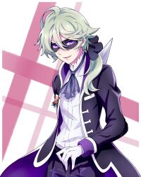 Rule 34 | 1boy, ascot, black coat, black pants, coat, delicious party precure, dress shirt, fangs, gloves, grey ascot, grey hair, hair between eyes, hair over shoulder, highres, kyoutsuugengo, long hair, long sleeves, low ponytail, male focus, mask, narcistoru, open clothes, open coat, open mouth, pants, precure, purple eyes, shirt, solo, white gloves, white shirt