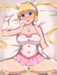 Rule 34 | 1boy, 1girl, absurdres, blonde hair, blue eyes, breasts, cleavage, clitoris, covered erect nipples, highres, large breasts, leotard, mermaid melody pichi pichi pitch, missionary, nanami lucia, penis, pink leotard, pussy, sex, twintails