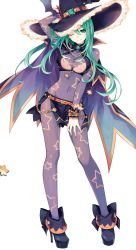 Rule 34 | 10s, 1girl, arm behind head, bat wings, bodystocking, bow, bra, breasts, cape, chain, cleavage, contrapposto, date a live, full body, gem, green eyes, green hair, hand on thigh, hat, high heels, highres, jewelry, legs, long hair, matching hair/eyes, medium breasts, natsumi (date a live), official art, one eye closed, simple background, smile, solo, standing, star (symbol), transparent background, tsunako, underwear, white background, wings, witch hat