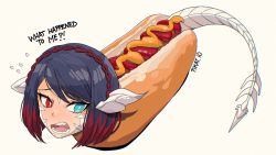 Rule 34 | 1girl, angry, aqua eyes, artist name, au ra, warrior of light (ff14), blue eyes, commentary, english commentary, english text, final fantasy, final fantasy xiv, foodification, heterochromia, hot dog, hot dog bun, ketchup, looking to the side, multicolored hair, mustard, open mouth, pikat, red eyes, short hair, simple background, solo, tagme, tail, white background