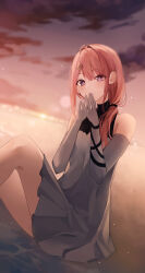 Rule 34 | 1girl, absurdres, bare shoulders, blush, closed mouth, cloud, commentary request, commission, detached sleeves, dress, dutch angle, fu u03, grey dress, hair between eyes, hair intakes, hair ornament, hairpin, highres, horizon, long hair, looking at viewer, low side ponytail, original, outdoors, pink hair, pixiv commission, pleated dress, purple eyes, sidelocks, sitting, sky, sleeveless, sleeveless dress, solo, steepled fingers, sunset, virtual youtuber