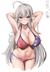 Rule 34 | 1girl, ahoge, alternate costume, american flag, american flag bikini, american flag print, armpits, arms behind head, bikini, blush, breasts, cleavage, collarbone, cropped legs, flag print, grey eyes, grey hair, hair between eyes, highres, kantai collection, large breasts, legs together, long hair, looking at viewer, navel, one-hour drawing challenge, parted lips, print bikini, print swimsuit, side-tie bikini bottom, solo, swimsuit, tears, tf cafe, twitter username, very long hair, washington (kancolle), white background