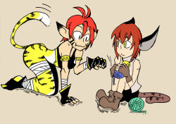 Rule 34 | 2girls, animal ears, animal print, bare shoulders, bell, neck bell, breath of fire, breath of fire ii, brown hair, cat ears, cat tail, collar, crossover, dark cloud, fang, fingerless gloves, furry, gloves, multiple girls, paw pose, pointy ears, red hair, rinpoo chuan, setz, sitting, slit pupils, tail, tiger print, xiao (dark cloud), yarn ball, yellow eyes