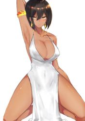 Rule 34 | 1girl, armlet, armpits, azur lane, bare shoulders, black hair, blush, breasts, brown eyes, cleavage, commentary request, covered navel, dark-skinned female, dark skin, dress, earrings, eyes visible through hair, hair between eyes, highres, jewelry, large breasts, long hair, looking at viewer, native american, pelvic curtain, pnatsu, solo, south dakota (azur lane), south dakota (solo concert) (azur lane), thighs, white background, white dress