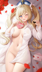 Rule 34 | 1girl, ;d, absurdres, alternate breast size, alternate costume, arayuki (sakurafubuki), areola slip, barbara (genshin impact), bed sheet, blonde hair, blue eyes, blush, box, breasts, candy, chocolate, chocolate heart, dress shirt, drill hair, envelope, falling petals, fingernails, flower, food, genshin impact, gift, groin, hands up, hat, heart, heart-shaped box, highres, holding, holding box, holding chocolate, holding food, holding gift, large breasts, long hair, long sleeves, looking at viewer, lying, mini hat, naked shirt, on back, one eye closed, open clothes, open mouth, open shirt, petals, red flower, red rose, ringlets, rose, rose petals, shirt, smile, solo, thighs, twin drills, twintails, valentine, white shirt