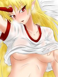 Rule 34 | 1girl, ashcape, bed sheet, blonde hair, blush, breasts, breasts apart, clothes lift, female focus, horns, hoshiguma yuugi, long hair, lying, no bra, on back, pointy ears, red eyes, see-through, shirt lift, single horn, solo, sweat, touhou, underboob