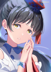 Rule 34 | 1girl, black hair, commentary, english commentary, hat, hazuki ren, high ponytail, kitatyoco, long hair, looking at viewer, love live!, love live! superstar!!, portrait, purple background, sash, solo, start!! true dreams (love live!), twitter username, yellow eyes