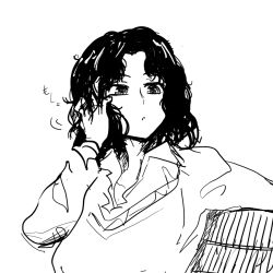 Rule 34 | 1girl, amagami, bench, black hair, blazer, collarbone, greyscale, hand in own hair, jacket, long hair, looking ahead, looking to the side, m.purin, messy hair, monochrome, open collar, simple background, sitting, sketch, solo, tanamachi kaoru, upper body, white background