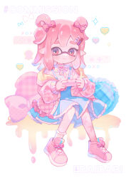 Rule 34 | 1girl, blue skirt, blush, closed mouth, collared jacket, commission, controller, d omm, diamond (shape), dot nose, game controller, hair ornament, heart, high-waist skirt, holding, holding controller, holding game controller, inkling, inkling girl, inkling player character, jacket, knees together feet apart, long bangs, long sleeves, looking at viewer, medium hair, miniskirt, nintendo, off shoulder, pink eyes, pink footwear, pink hair, pink jacket, raised eyebrows, shirt, shoes, sidelocks, sitting, skeb commission, skirt, smile, sneakers, solo, splatoon (series), suspender skirt, suspenders, tentacle hair, white shirt