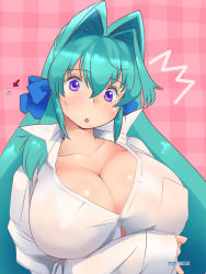 Rule 34 | 1girl, :o, aqua hair, arrow (symbol), breasts, buttons, cleavage, covered erect nipples, hair intakes, huge breasts, long hair, looking at viewer, lurie schwarzkummel, original, pixiv fantasia, pixiv fantasia wizard and knight, plaid, plaid background, purple eyes, solo, sweatdrop, upper body, yagisaka seto
