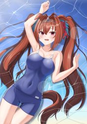 Rule 34 | 1girl, animal ears, armpits, bare shoulders, blue gemstone, blue one-piece swimsuit, blush, bow, breasts, brown hair, collarbone, competition school swimsuit, covered navel, daiwa scarlet (umamusume), dong ja9502, embarrassed, female focus, gem, hair between eyes, hair bow, hair intakes, highres, horse ears, horse girl, horse tail, large breasts, legs together, long hair, looking at viewer, lying, on back, one-piece swimsuit, open mouth, red bow, school swimsuit, skindentation, solo, swimsuit, tail, thigh gap, tiara, twintails, umamusume, very long hair, water, wavy mouth