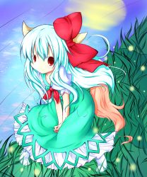 Rule 34 | 1girl, blue hair, bow, colorized, ex-keine, female focus, fireflies, full moon, grass, highres, horns, kamishirasawa keine, long hair, looking at viewer, mellpon, moon, red eyes, smile, solo, tail, touhou
