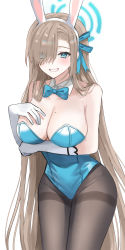 Rule 34 | 1girl, :d, animal ears, asuna (blue archive), asuna (bunny) (blue archive), black pantyhose, blue archive, blue eyes, blue leotard, bow, breasts, cleavage, commentary request, detached collar, elbow gloves, eyes visible through hair, fake animal ears, gloves, grey hair, hair bow, hair ribbon, hairband, halo, highleg, highleg leotard, highres, kimu (user jtjr2257), large breasts, leotard, long hair, looking at viewer, mole, mole on breast, official alternate costume, open mouth, pantyhose, playboy bunny, rabbit ears, ribbon, sidelocks, simple background, sleeveless, smile, solo, strapless, strapless leotard, white gloves