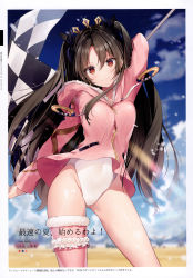 Rule 34 | 1girl, absurdres, breasts, brown hair, checkered flag, day, fate/grand order, fate (series), flag, hair ornament, highres, ishtar (fate), ishtar (swimsuit rider) (fate), long hair, long sleeves, medium breasts, necomi, outdoors, parted bangs, red eyes, scan, simple background, solo, thigh strap