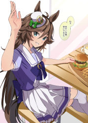 Rule 34 | 1girl, ahoge, animal ears, bench, blouse, brown hair, burger, cup, food, french fries, green eyes, hair ornament, hairclip, hand up, hat, horse ears, horse girl, horse tail, long hair, looking at viewer, mini hat, mini top hat, misu kasumi, mr. c.b. (umamusume), purple shirt, sailor collar, school uniform, shirt, short sleeves, sitting, skirt, smile, solo, speech bubble, table, tail, teeth, thighhighs, top hat, tracen school uniform, translation request, umamusume, waving, white skirt, white thighhighs
