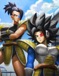 Rule 34 | 2girls, armor, black eyes, black hair, blue-tinted eyewear, brown eyes, caulifla, city, cloud, cosplay, crossed arms, dragon ball, dragonball z, earrings, elite nappa, female focus, gloves, grin, highres, jewelry, kale (dragon ball), looking to the side, monkey tail, multiple girls, muscular, muscular female, nappa, nappa (cosplay), red-tinted eyewear, saiyan, saiyan armor, scouter, sky, sleeveless, smile, smirk, spiked hair, tagme, tail, tinted eyewear, vegeta, vegeta (cosplay), white gloves