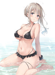 Rule 34 | 1girl, ahoge, arms behind back, bare arms, bare legs, bare shoulders, barefoot, bikini, bikini skirt, black bikini, black skirt, black wrist cuffs, blonde hair, blush, braid, breasts, brown eyes, cleavage, closed mouth, frilled bikini, frills, front-tie top, hair ornament, halterneck, halterneck, highleg, highleg bikini, highres, large breasts, looking at viewer, microskirt, navel, original, pout, shallow water, short hair with long locks, sidelocks, sitting, sitting on water, skirt, solo, stomach, strap gap, string bikini, swimsuit, thigh strap, underboob, wariza, water, wet, wing (aiastor), wrist cuffs, x hair ornament
