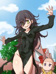 Rule 34 | 2girls, absurdres, alternate costume, arm up, bags under eyes, bald, black dress, black hair, blue sky, bodysuit, breasts, cape, clenched hand, cloud, cosplay, covered navel, day, dress, gloves, green hair, hand up, highres, house, kuroki tomoko, long hair, messy hair, multiple girls, nervous, no mouth, open mouth, outdoors, outstretched arms, red gloves, saitama (one-punch man), saitama (one-punch man) (cosplay), side slit, sky, small breasts, solid oval eyes, tamura yuri, tatsumaki, tatsumaki (cosplay), tomoko908 (nap4342), watashi ga motenai no wa dou kangaetemo omaera ga warui!, white cape, yellow bodysuit