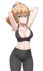 Rule 34 | 1girl, absurdres, alternate costume, armpits, arms behind head, arms up, black pants, black sports bra, blue eyes, blush, breasts, cleavage, closed mouth, coro fae, cowboy shot, genshin impact, hair ribbon, highres, jean (genshin impact), large breasts, light frown, looking at viewer, midriff, navel, pants, ponytail, raised eyebrows, ribbon, sidelocks, simple background, solo, sports bra, stomach, sweatdrop, white background, yoga pants