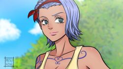Rule 34 | 1girl, arm tattoo, artist name, bare shoulders, blue hair, chest tattoo, closed mouth, cloud, cloudy sky, commentary, english commentary, green eyes, hairband, highres, lipstick, makeup, mesukohi, nojiko, one piece, outdoors, pink lips, red hairband, short hair, sky, smile, solo, tattoo, tree