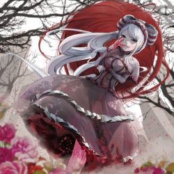 Rule 34 | 1girl, blood, licking finger, flower, licking, licking blood, long hair, magic, overlord (maruyama), pale skin, red eyes, shalltear bloodfallen, tagme, tree, vampire, white hair