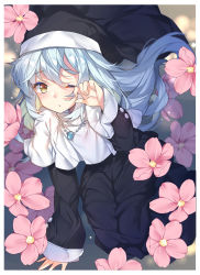 Rule 34 | 1girl, arm support, black robe, blush, commentary, duel monster, floral background, flower, full body, ghost sister &amp; spooky dogwood, grey hair, habit, highres, jewelry, kikistark, light particles, long hair, looking at viewer, necklace, nun, one eye closed, robe, rubbing eyes, sidelocks, sitting, sleeves past wrists, solo, symbol-only commentary, traditional nun, veil, yellow eyes, yokozuwari, yu-gi-oh!
