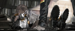 Rule 34 | 2girls, absurdres, black footwear, black jacket, black shirt, book, book stack, bookshelf, boots, brown hair, commentary, cross, cup, drinking, feet on table, fujita (condor), girls&#039; frontline, gloves, highres, hk416 (girls&#039; frontline), holding, holding book, iron cross, jacket, library, light, light particles, looking to the side, mug, multiple girls, neck ribbon, one side up, pantyhose, reading, ribbon, scar, scar across eye, scar on face, shirt, shoe soles, sleeve cuffs, ump45 (girls&#039; frontline), white gloves, white shirt, yellow eyes