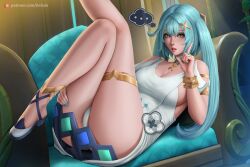 Rule 34 | 1girl, alternate breast size, aqua hair, aqua nails, arduina (arduin art), breasts, cleavage, clothing cutout, dress, faruzan (genshin impact), fingernails, foot out of frame, genshin impact, green eyes, hair ornament, highres, indoors, large breasts, legs, lips, long hair, lying, nose, on back, open mouth, panties, shoulder cutout, sideboob, solo, thighlet, thong, thought bubble, underwear, white dress, white panties, x hair ornament