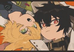 Rule 34 | 2boys, :o, animal ears, arknights, ayerscarpe (arknights), black hair, black necktie, blonde hair, blue shirt, bright pupils, coat, commentary, frown, green eyes, high collar, highres, leonhardt (arknights), letterboxed, looking at viewer, male focus, multiple boys, necktie, open mouth, orange background, rabbit boy, rabbit ears, red eyes, remu (kudarizaka 25), shirt, simple background, teeth, upper teeth only, upside-down, white coat, white pupils