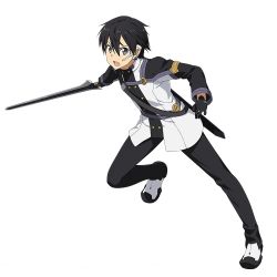 Rule 34 | 10s, 1boy, black eyes, black gloves, black hair, black pants, full body, gloves, hair between eyes, holding, holding sword, holding weapon, kirito, leg up, male focus, official art, open mouth, pants, sheath, solo, sword, sword art online, sword art online the movie: ordinal scale, weapon