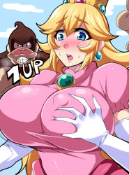 Rule 34 | 1girl, blonde hair, blue eyes, blush, grabbing another&#039;s breast, breasts, covered erect nipples, crossover, donkey kong, donkey kong (series), dress, earrings, elbow gloves, gloves, grabbing, huge breasts, image sample, jewelry, long hair, mario (series), nintendo, nishida megane, open mouth, pixiv sample, princess peach, super mario bros. 1, sweat