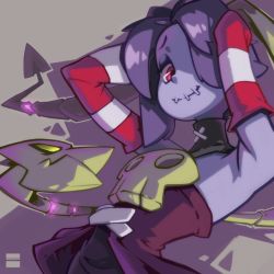 Rule 34 | 1girl, arms behind head, arms up, artist request, blue hair, blue skin, colored skin, detached sleeves, grey background, hair over one eye, half-closed eyes, highres, jimmysoysauce, leviathan (skullgirls), looking at viewer, purple background, red eyes, side ponytail, skullgirls, smile, solo, squigly (skullgirls), stitched mouth, stitches, striped, upper body, yellow eyes