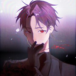Rule 34 | 1boy, black gloves, black jacket, black shirt, blood, closed mouth, commentary, gloves, hand to own mouth, highres, jacket, long sleeves, male focus, naibushishou970, open clothes, open jacket, portrait, purple hair, red eyes, saibou shinkyoku, shirt, short hair, smile, solo, theodore riddle