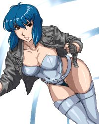 Rule 34 | 00s, 1girl, belt, blue hair, breasts, cleavage, fingerless gloves, ghost in the shell, ghost in the shell stand alone complex, gloves, highleg, highleg leotard, jacket, kusanagi motoko, leotard, lips, lowres, matoyama, oekaki, open clothes, open jacket, red eyes, short hair, solo, thighhighs