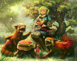Rule 34 | 1girl, apple pie, armor, artist name, bad cghub id, bad id, belt, belt pouch, blonde hair, blue eyes, blunt bangs, bottle, bug, butterfly, corset, day, denim, dragon, eating, fantasy, food, fork, grass, greaves, holding, holding fork, holding plate, insect, jeans, knee pads, nature, neck ribbon, original, outdoors, pants, pie, plate, pointy ears, popped collar, pouch, ribbon, scales, short hair, short twintails, shoulder pads, sidelocks, sitting, solo focus, taemin park, tree, tree stump, twintails, vial, watermark, wine bottle