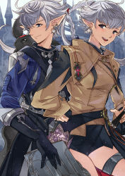 Rule 34 | 1boy, 1girl, absurdres, alisaie leveilleur, alphinaud leveilleur, black eyes, black gloves, black pants, black shorts, blue eyes, breasts, brother and sister, building, earrings, final fantasy, final fantasy xiv, gloves, grey hair, hand on own hip, highres, holding, jacket, jewelry, kanmiya shinobu, long hair, long sleeves, on shoulder, open mouth, pants, pointy ears, ponytail, shorts, siblings, single earring, smile, thigh strap, twins