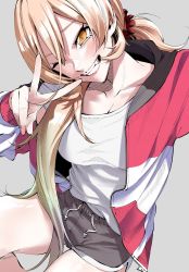 Rule 34 | 1girl, blonde hair, breasts, collarbone, commentary request, cowboy shot, drawstring, fang, hair between eyes, hair ornament, hair scrunchie, highres, jacket, large breasts, long hair, looking at viewer, nail polish, nijisanji, nui sociere, nui sociere (2nd costume), one eye closed, open clothes, open jacket, pink nails, ponytail, scrunchie, selfie, shirt, short shorts, shorts, simple background, smile, solo, t-shirt, teeth, v, vice (kuronekohadokoheiku), virtual youtuber, white shirt, yellow eyes