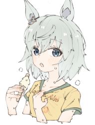 Rule 34 | 1girl, animal ears, blouse, blue eyes, blush, breath, clothes pull, cropped torso, food, green hair, hands up, highres, horse ears, hot, looking at viewer, onibi (demonsfireonibi), open mouth, popsicle, pulling own clothes, seiun sky (umamusume), shirt, shirt pull, short hair, short sleeves, simple background, solo, sweat, teeth, umamusume, upper body, upper teeth only, white background, yellow shirt